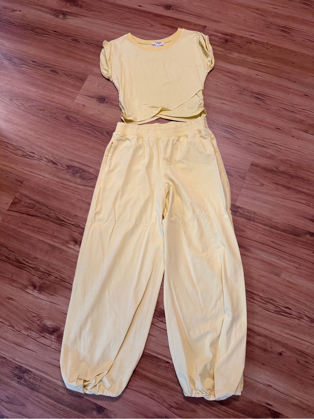 Women's Yellow Elastic-Waist Cargo Jogger Pants and Crop top.